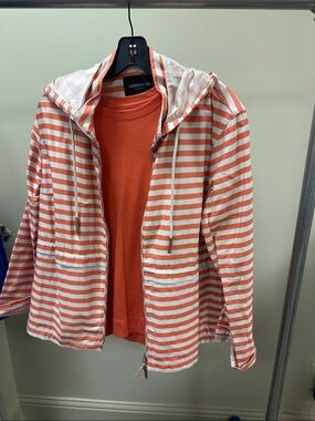 Lafayette 148 New York Coral and White Striped Hooded Jacket with Coral Tee
